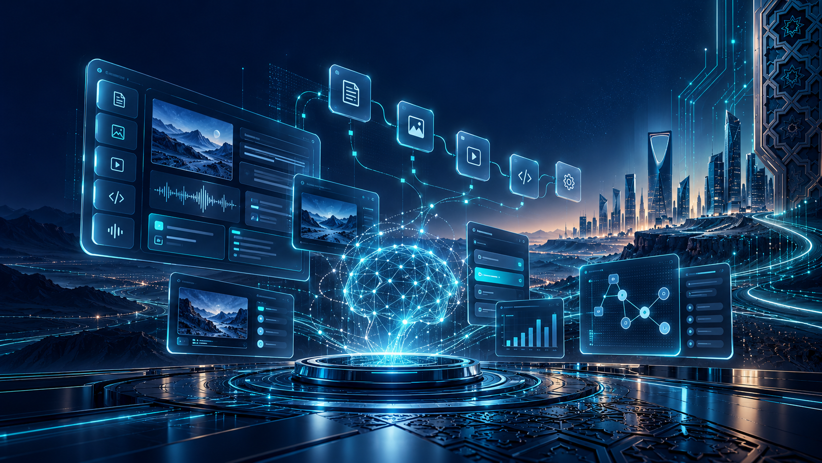مركز أدوات الذكاء الاصطناعي مع لوحات تحكم رقمية